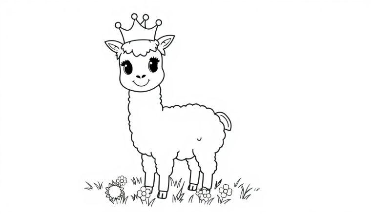 Schwarz-weisse Farbtafel-Zeichnung eines Lamas mit Krone in einer Blumenwiese.
