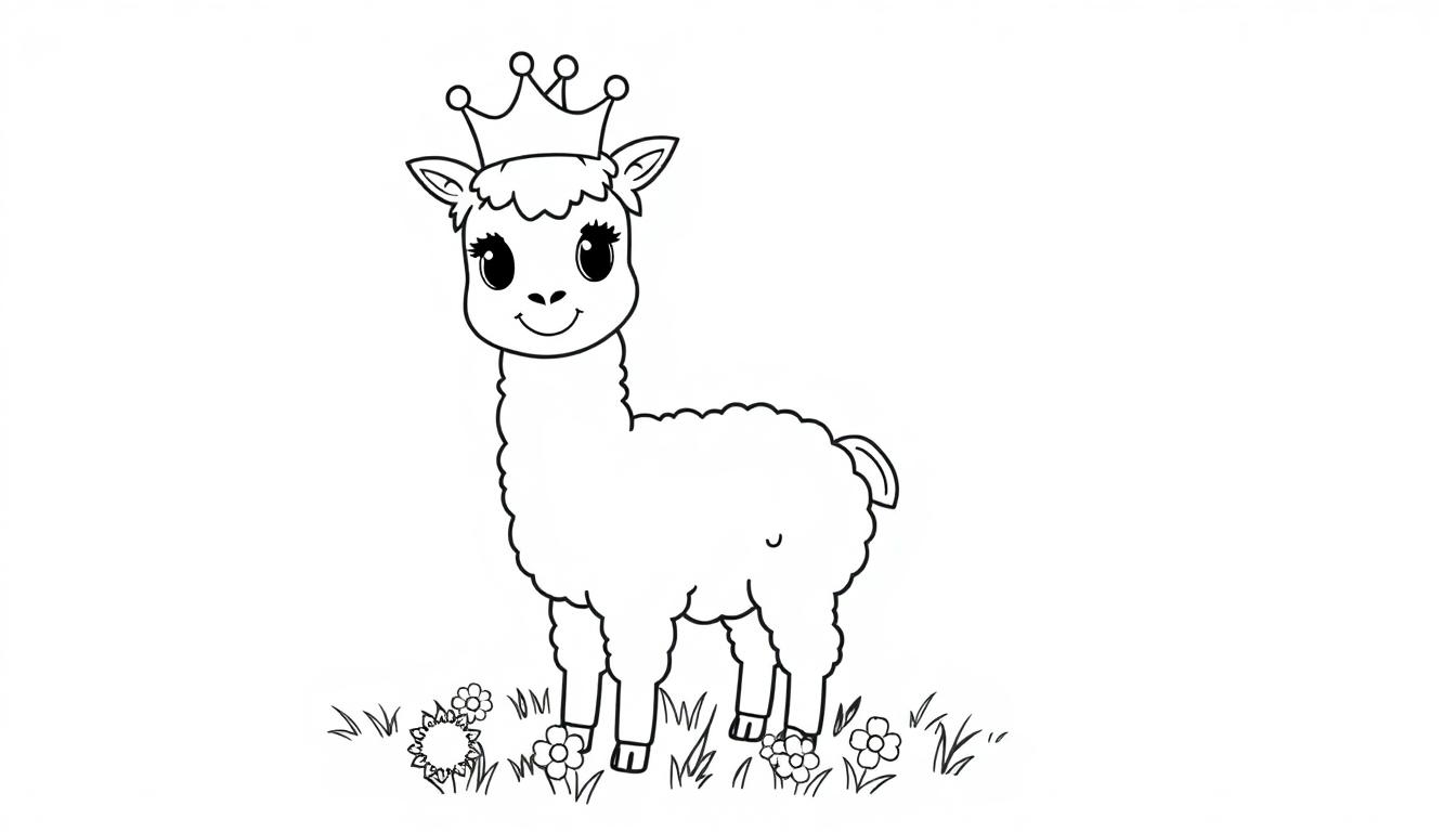 Schwarz-weisse Farbtafel-Zeichnung eines Lamas mit Krone in einer Blumenwiese.