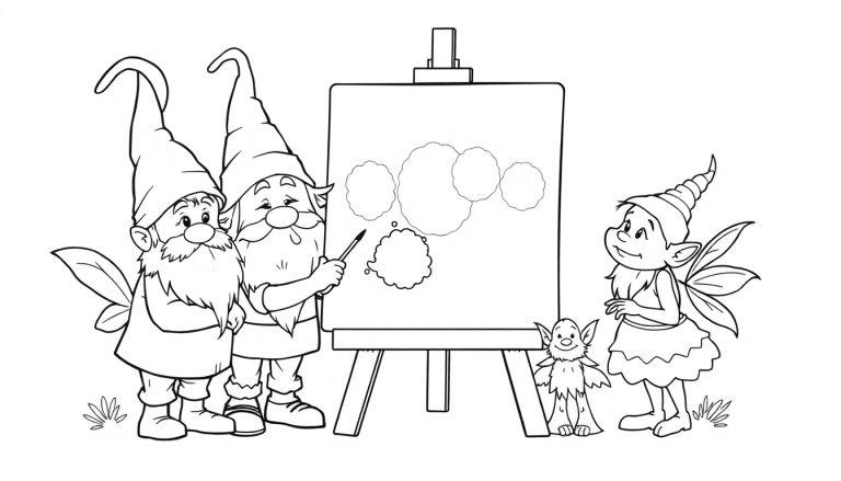 Zwei Gnome, eine Fee und ein kleiner Kobold betrachten eine Staffelei mit einer Zeichnung von Kreisen.