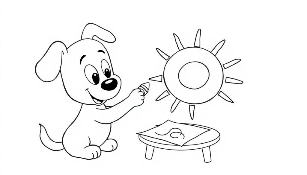 Ein schwarz-weißer Cartoon-Hund malt eine Sonne.