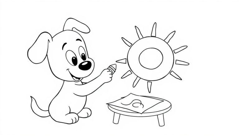 Ein schwarz-weißer Cartoon-Hund malt eine Sonne.