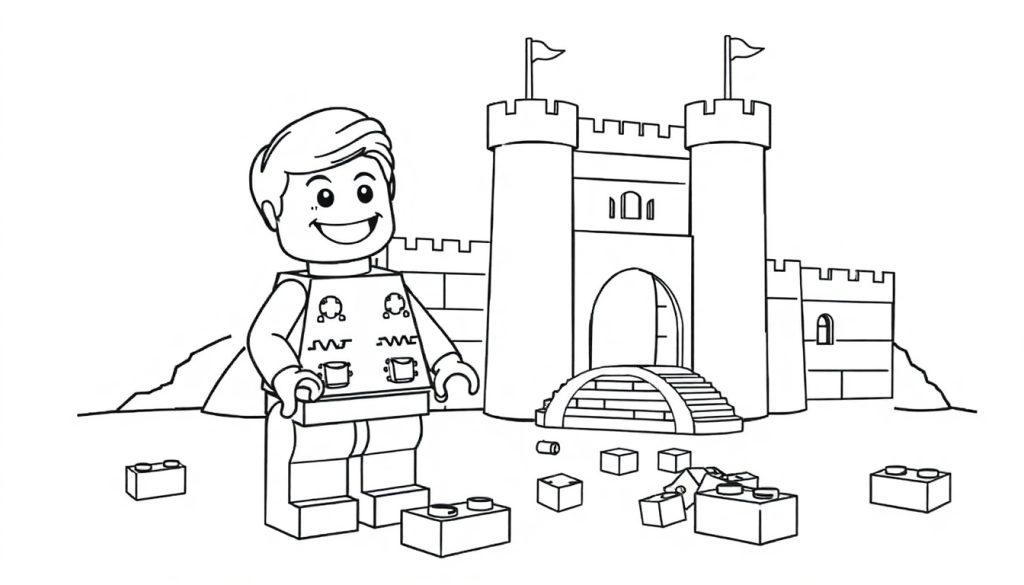Schwarz-Weiß-Ausmalbild: Ein fröhliches LEGO-Männchen steht vor einer bunten Farbtafel-Burg mit zwei Türmen und einer Brücke.