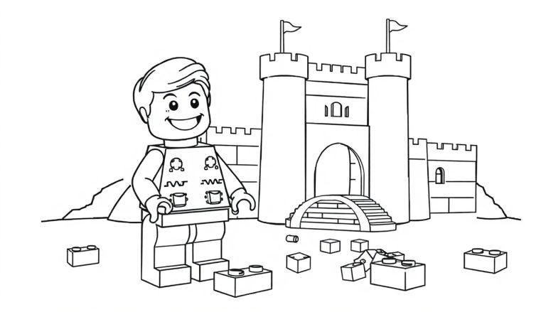 Schwarz-Weiß-Ausmalbild: Ein fröhliches LEGO-Männchen steht vor einer bunten Farbtafel-Burg mit zwei Türmen und einer Brücke.