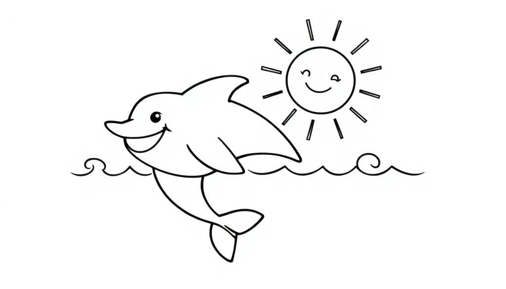 Eine Schwarz-Weiß-Farbtafel eines lächelnden Delfins, der aus dem Meer springt, mit einer lachenden Sonne.