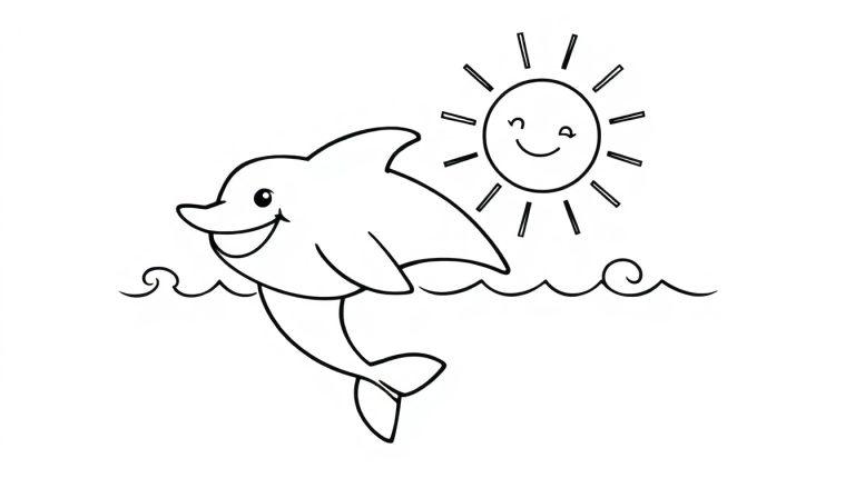 Eine Schwarz-Weiß-Farbtafel eines lächelnden Delfins, der aus dem Meer springt, mit einer lachenden Sonne.