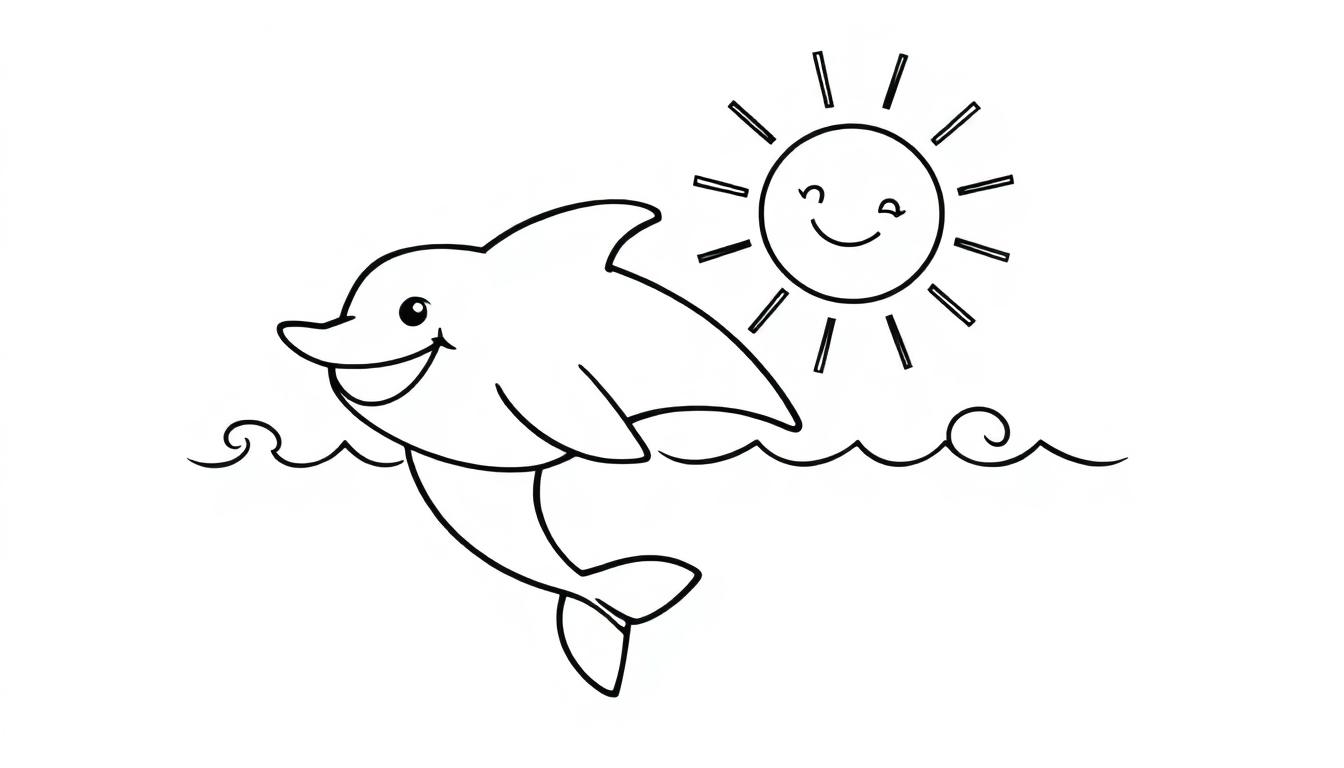 Eine Schwarz-Weiß-Farbtafel eines lächelnden Delfins, der aus dem Meer springt, mit einer lachenden Sonne.