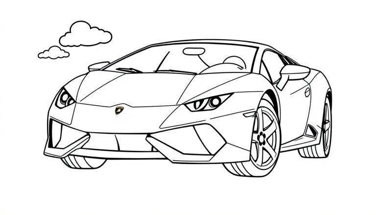 Schwarz-weiße Farbtafel eines Lamborghini Huracán für Kinder.