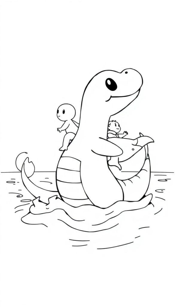 Lapras reitet mit zwei Kindern auf dem Rücken durch das Wasser, eine fröhliche Szene für ein Ausmalbild.