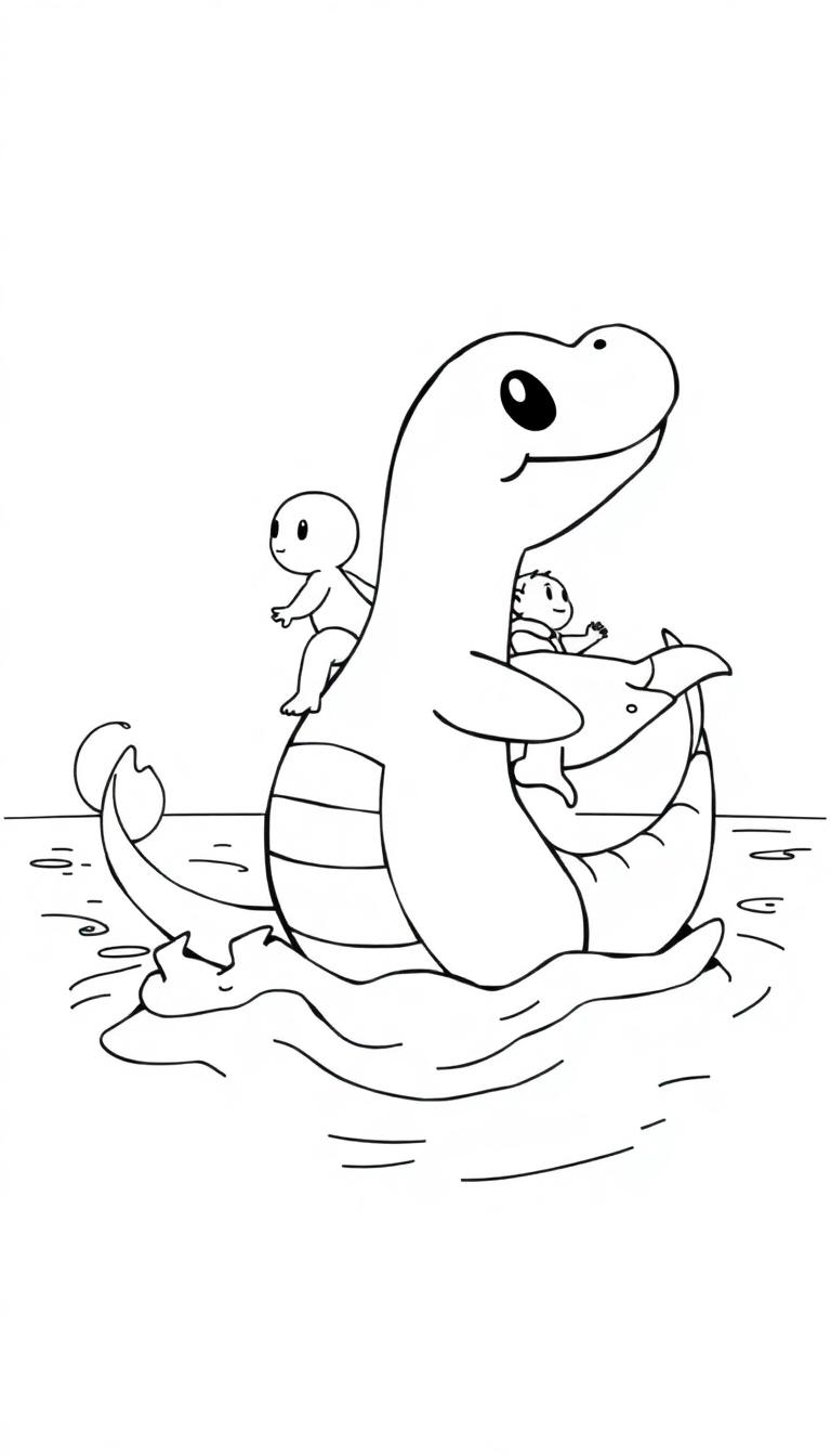 Lapras reitet mit zwei Kindern auf dem Rücken durch das Wasser, eine fröhliche Szene für ein Ausmalbild.