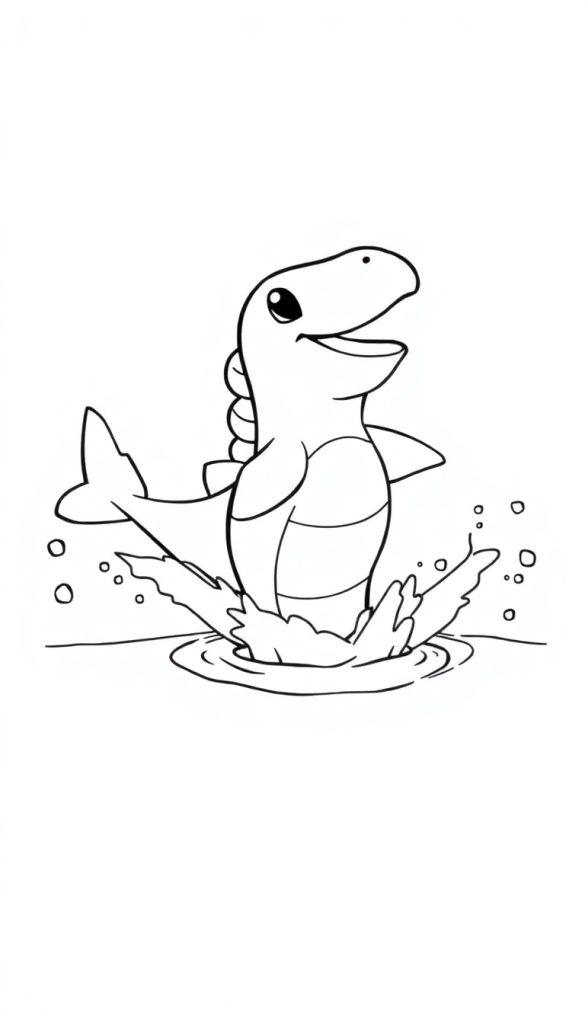 Schwarz-weißer Cartoon-Delfin springt aus dem Wasser mit Spritzern.