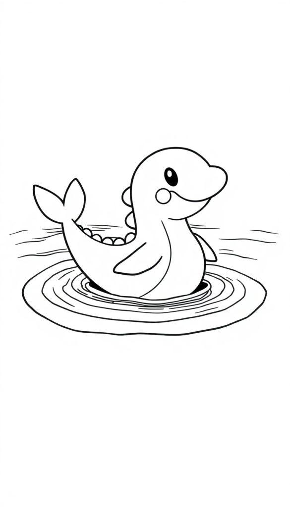 Ein freundlicher Cartoon-Delfin schwimmt in einer Pfütze.