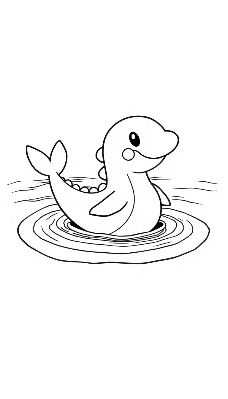Ein freundlicher Cartoon-Delfin schwimmt in einer Pfütze.