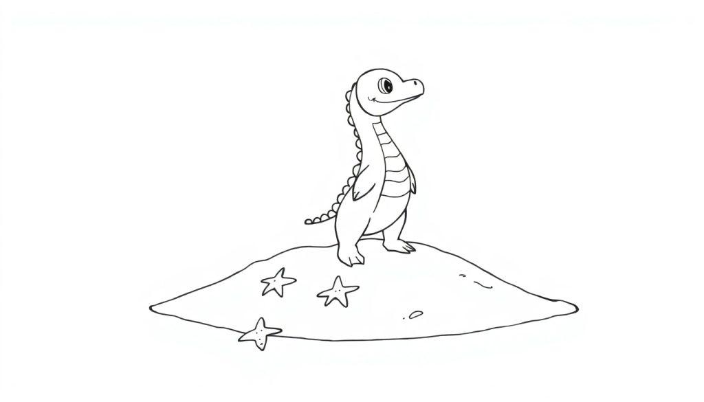 Niedlicher Cartoon-Dinosaurier steht auf einem Hügel mit Seesternen