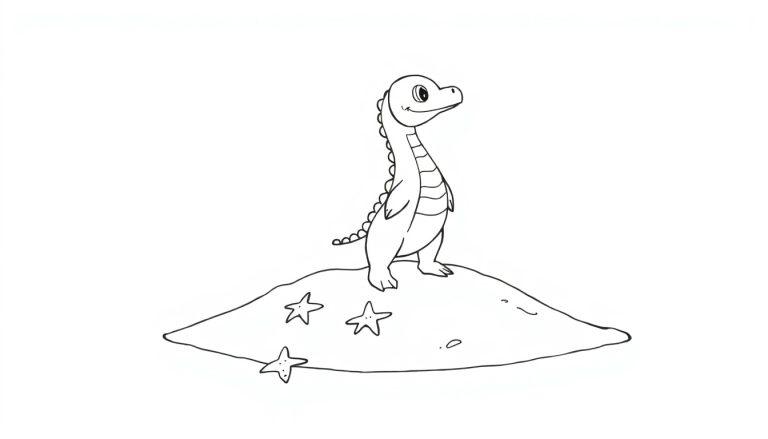 Niedlicher Cartoon-Dinosaurier steht auf einem Hügel mit Seesternen
