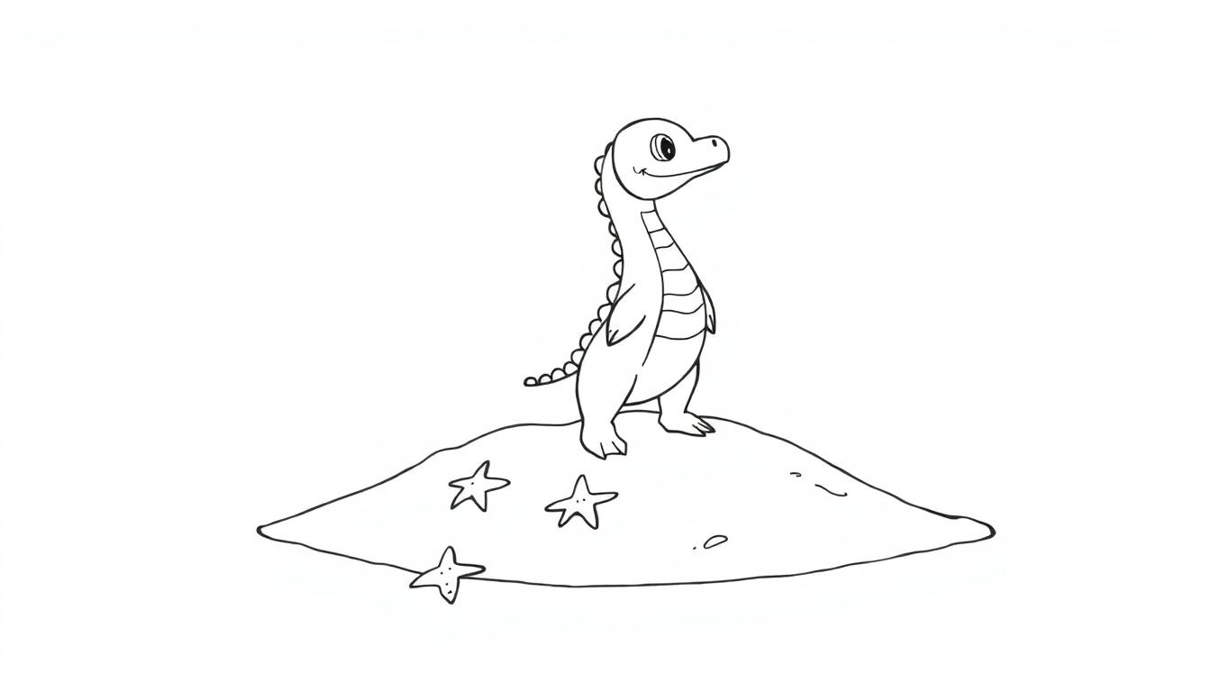 Niedlicher Cartoon-Dinosaurier steht auf einem Hügel mit Seesternen