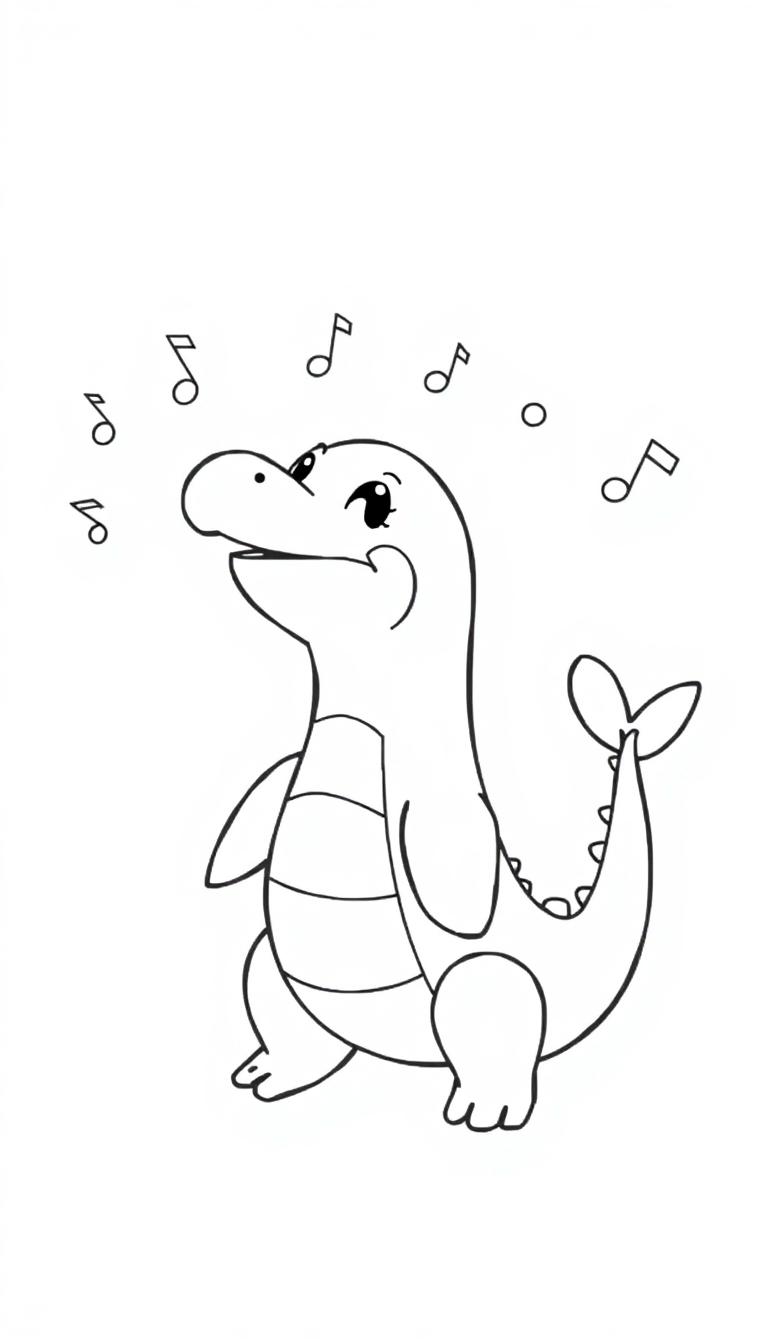 Ein Cartoon-Dinosaurier im Lapras-Stil, schwarz-weiß, mit Musiknoten um den Kopf, der singt.