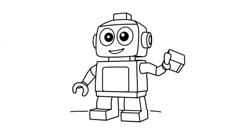 Schwarz-Weiß-Farbtafel-Zeichnung eines Lego-Roboters mit rechteckigem Körper, Kopf und Beinen, kreisförmigen Augen und Ohren, lächelnd und einen Gegenstand haltend.