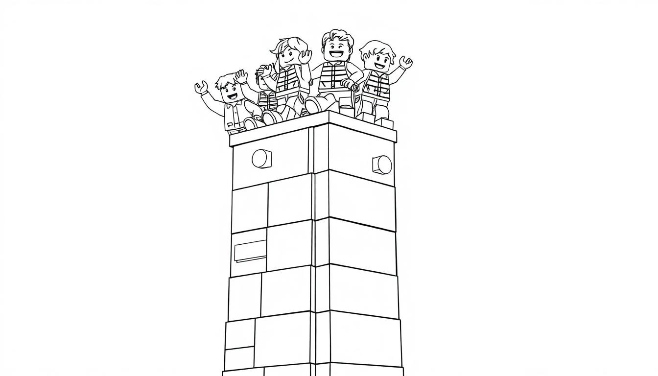 Eine Schwarz-Weiß-Farbtafel eines hohen Lego-Turms mit vier lächelnden Lego-Figuren oben, die ihre Arme heben.