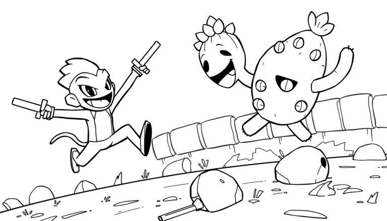 Leon und Spike, Malvorlage, springen über Hindernisse.