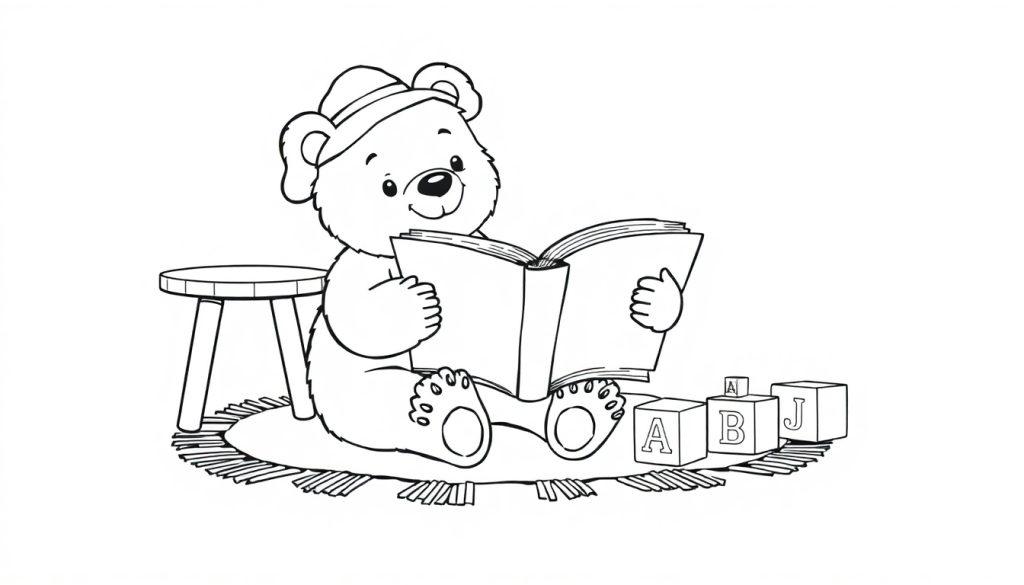 Schwarz-weiße Farbtafel eines Bären, der einen Hut trägt und auf einer Decke sitzt, während er ein Buch liest. Daneben sind ein Hocker und Bauklötze mit den Buchstaben 'A', 'B', 'J' zu sehen.