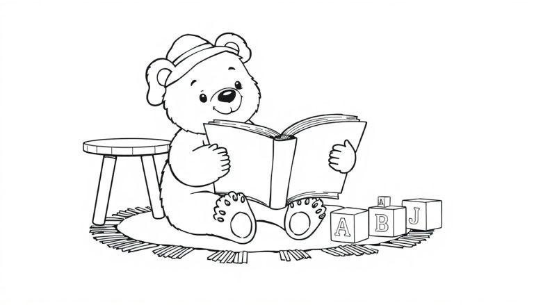Schwarz-weiße Farbtafel eines Bären, der einen Hut trägt und auf einer Decke sitzt, während er ein Buch liest. Daneben sind ein Hocker und Bauklötze mit den Buchstaben 'A', 'B', 'J' zu sehen.