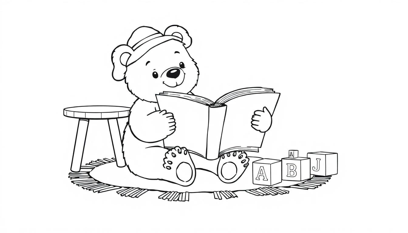 Schwarz-weiße Farbtafel eines Bären, der einen Hut trägt und auf einer Decke sitzt, während er ein Buch liest. Daneben sind ein Hocker und Bauklötze mit den Buchstaben 'A', 'B', 'J' zu sehen.