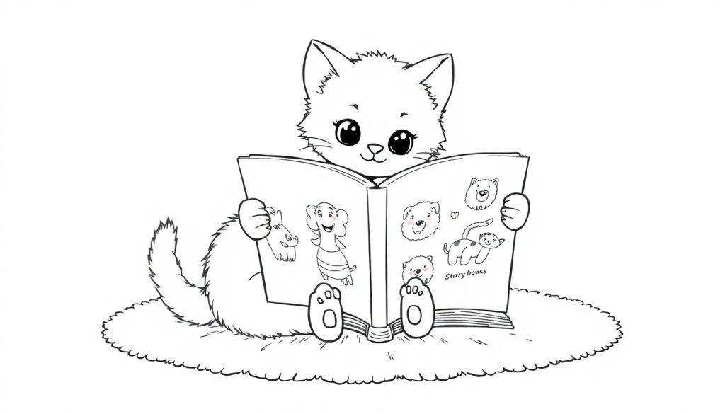 Eine niedliche kleine Katze, die auf einer weichen Fläche sitzt und ein Buch mit Tierbildern liest. Eine Schwarz-Weiß-Farbtafel.