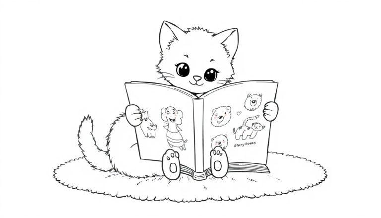 Eine niedliche kleine Katze, die auf einer weichen Fläche sitzt und ein Buch mit Tierbildern liest. Eine Schwarz-Weiß-Farbtafel.