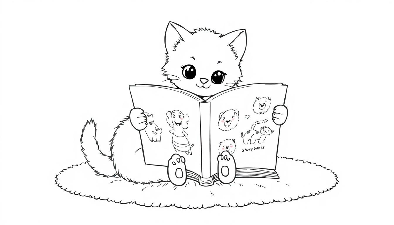 Eine niedliche kleine Katze, die auf einer weichen Fläche sitzt und ein Buch mit Tierbildern liest. Eine Schwarz-Weiß-Farbtafel.