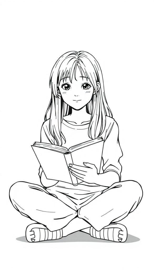 Ein Anime-Mädchen liest ein Buch im Schneidersitz auf weißem Hintergrund.