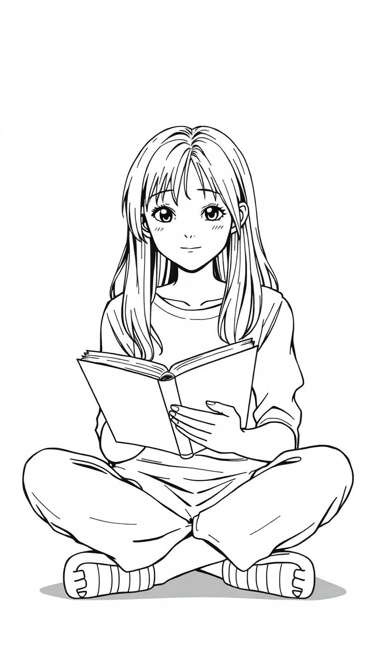 Ein Anime-Mädchen liest ein Buch im Schneidersitz auf weißem Hintergrund.
