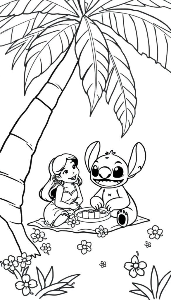 Lilo und Stitch teilen sich ein Picknick unter einer Palme.