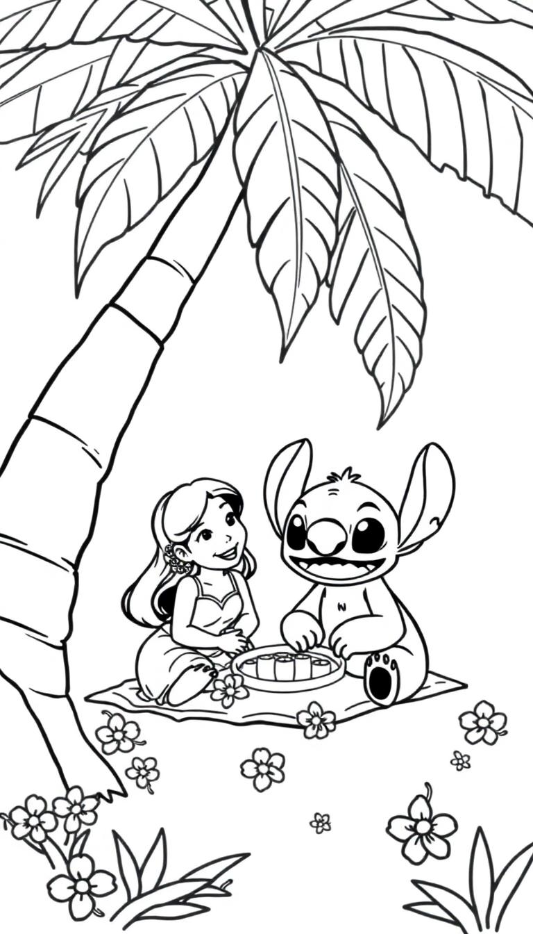 Lilo und Stitch teilen sich ein Picknick unter einer Palme.