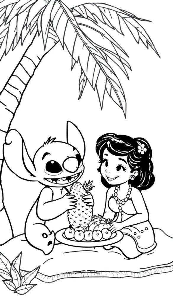 Schwarz-Weiß-Zeichnung von Lilo und Stitch, die ein tropisches Picknick am Strand genießen