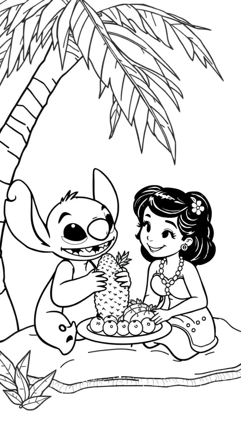 Schwarz-Weiß-Zeichnung von Lilo und Stitch, die ein tropisches Picknick am Strand genießen