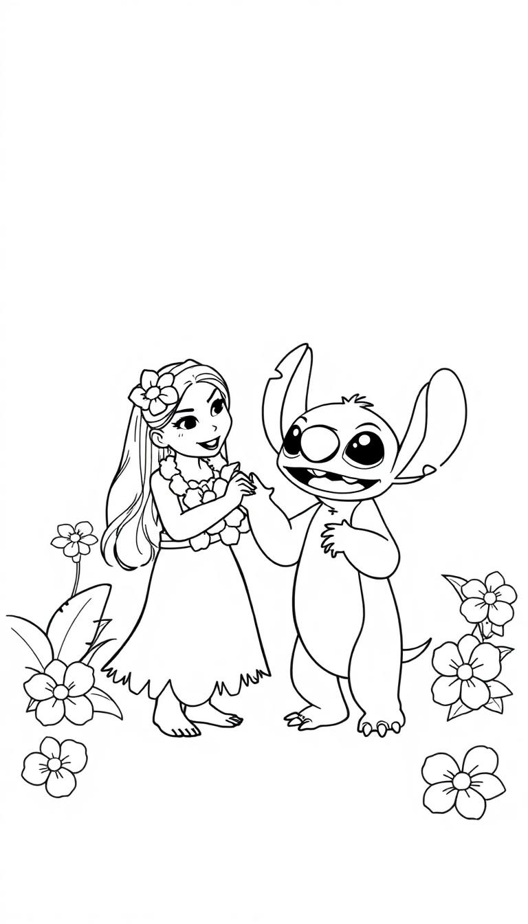Eine Schwarz-Weiß-Zeichnung von Lilo und Stitch, die zwischen Blumen stehen.