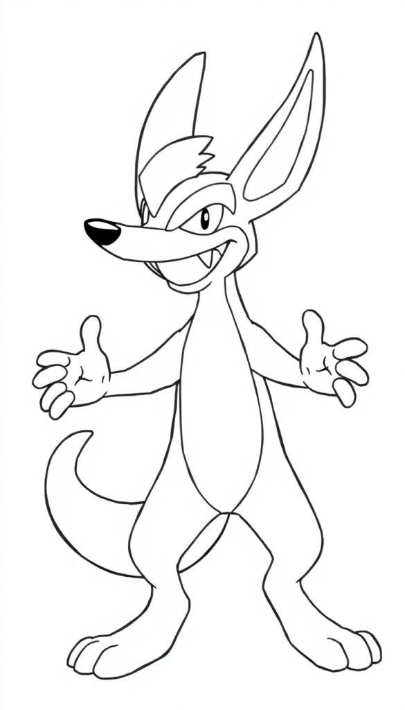 Eine Schwarz-Weiß-Zeichnung einer Cartoonfigur, ähnlich einem Beuteltier oder Fuchs, mit spitzen Ohren und einem Grinsen.