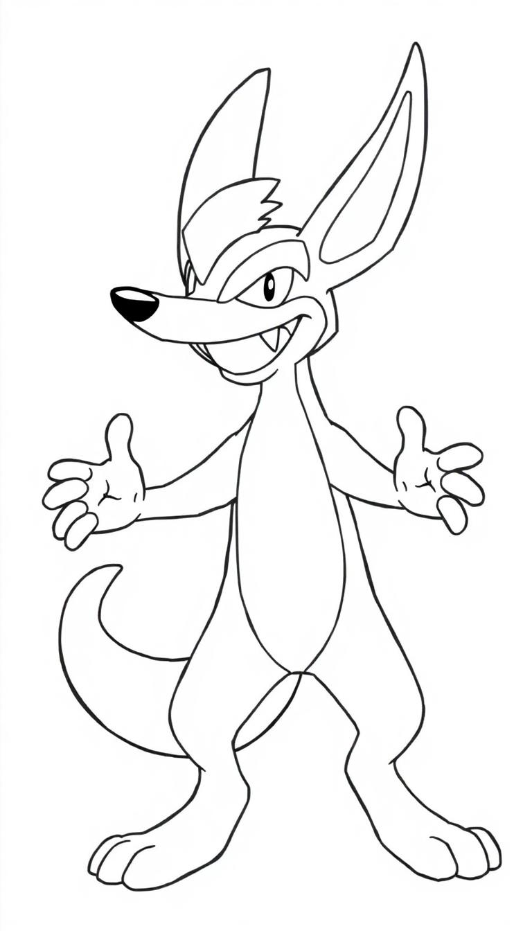 Eine Schwarz-Weiß-Zeichnung einer Cartoonfigur, ähnlich einem Beuteltier oder Fuchs, mit spitzen Ohren und einem Grinsen.