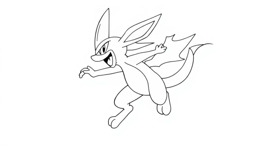 Schwarz-weiße Zeichnung eines Lucario, der sich bewegt.