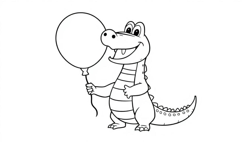 Schwarz-weiß Farbtafel eines freundlichen Cartoon-Alligators, der aufrecht steht und einen leeren, großen Ballon an einer Schnur hält.
