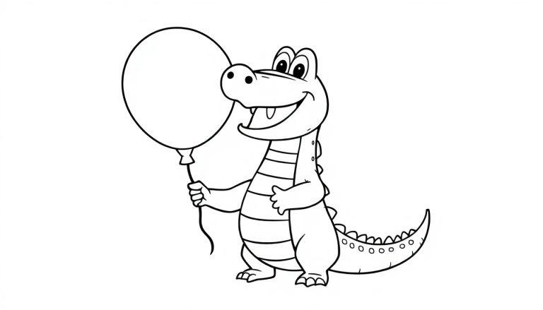 Schwarz-weiß Farbtafel eines freundlichen Cartoon-Alligators, der aufrecht steht und einen leeren, großen Ballon an einer Schnur hält.