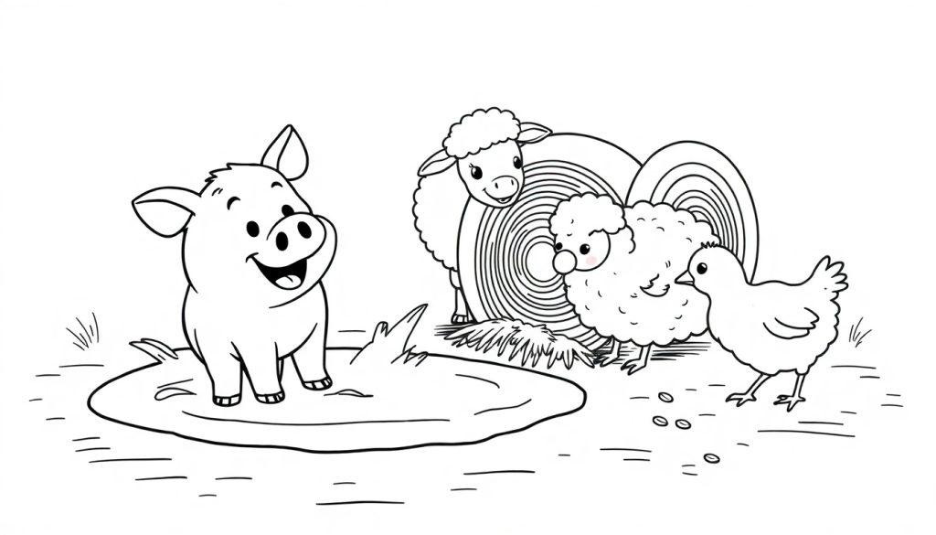 Eine schwarz-weiße Farbtafelzeichnung eines Bauernhofs mit einem grinsenden Schwein in einer Schlammpfütze, zwei Schafen, einem Küken und Holzscheiten im Hintergrund.