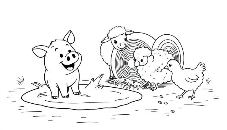 Eine schwarz-weiße Farbtafelzeichnung eines Bauernhofs mit einem grinsenden Schwein in einer Schlammpfütze, zwei Schafen, einem Küken und Holzscheiten im Hintergrund.