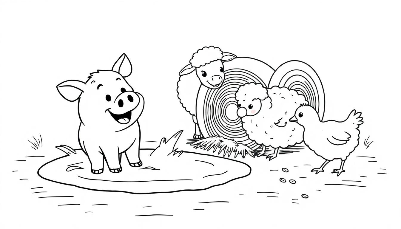 Eine schwarz-weiße Farbtafelzeichnung eines Bauernhofs mit einem grinsenden Schwein in einer Schlammpfütze, zwei Schafen, einem Küken und Holzscheiten im Hintergrund.
