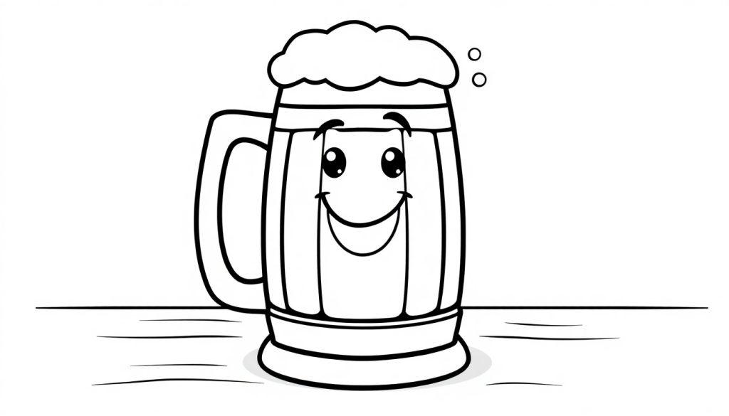 Eine lustige schwarz-weiße Cartoon-Farbtafel eines Bierkrugs mit einem Gesicht, Schaum und Blasen, bereit zum Ausmalen.
