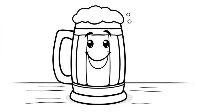 Eine lustige schwarz-weiße Cartoon-Farbtafel eines Bierkrugs mit einem Gesicht, Schaum und Blasen, bereit zum Ausmalen.