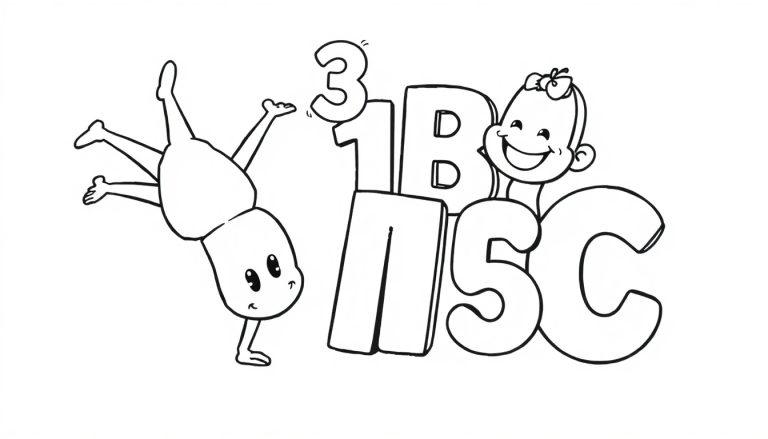 Schwarz-weiß-Farbtafel mit einer Figur im Handstand, den Zahlen 3 und 1 sowie den Buchstaben B, NSC und einer lächelnden Babyfigur.
