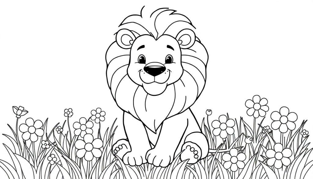 Schwarz-weiße Farbtafel eines lächelnden Cartoon-Löwen mit goldenem Fell und einer Blume im Hintergrund.