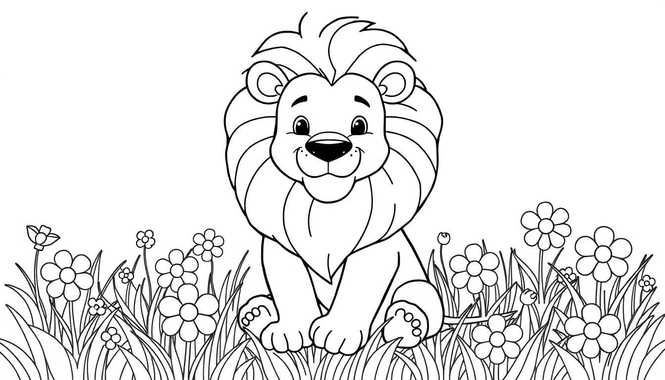 Schwarz-weiße Farbtafel eines lächelnden Cartoon-Löwen mit goldenem Fell und einer Blume im Hintergrund.