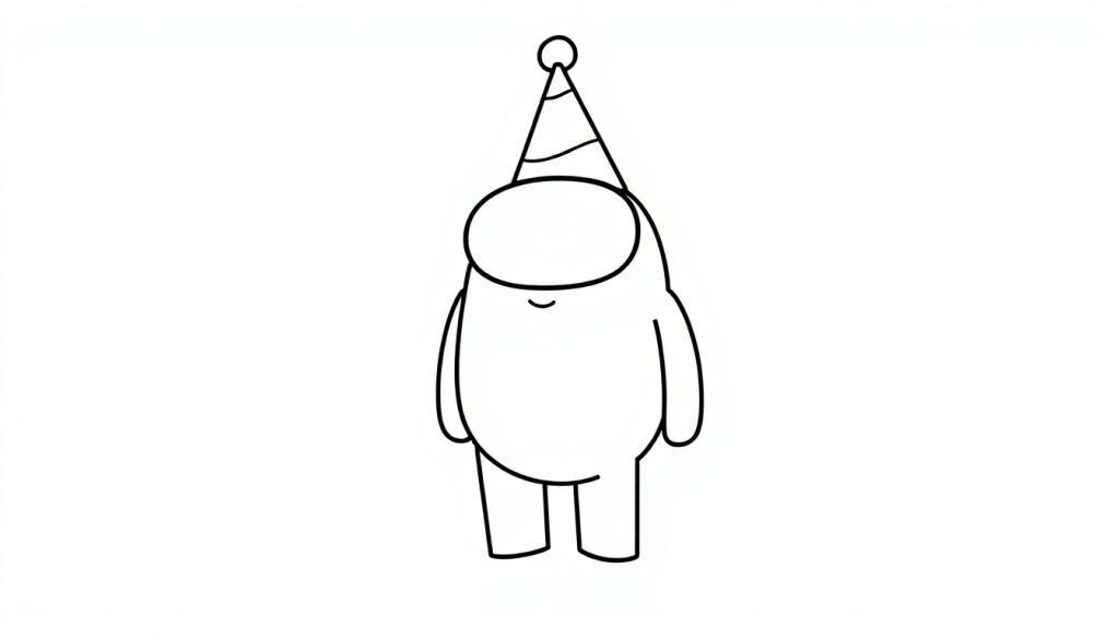 Ein niedlicher Cartooncharakter im Stil von Among Us mit Partyhut, bereit zum Ausmalen, Schwarz-Weiß-Farbtafel.